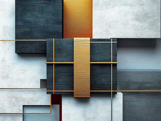 Geometric Abstract: Gold and Dark Gray Blocks: An abstract composition featuring intersecting dark gray and concrete blocks accented with elegant gold stripes.