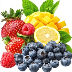 Naklejka premium Fresh fruit mix strawberries, raspberries, blueberries, mango, lemon. Perfect for healthy eating ads
