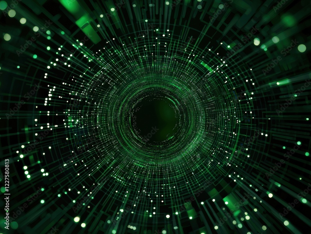 Poster a mesmerizing green tunnel of light, creating an illusion of depth and motion, reminiscent of digita