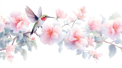 Obraz premium Hummingbird Haven, vibrant flowers and lush greenery bustling with hummingbirds, hand-painted watercolor art for summer-inspired decor and stationery collections