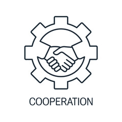Connection of hands in the working mechanism. Cooperation. Vector linear icon illustration isolated on white background.