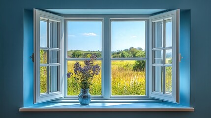 Modern Window View in Home with Open Design Allowing Natural Breezes and Scenic Landscape of Green Fields and Flowers