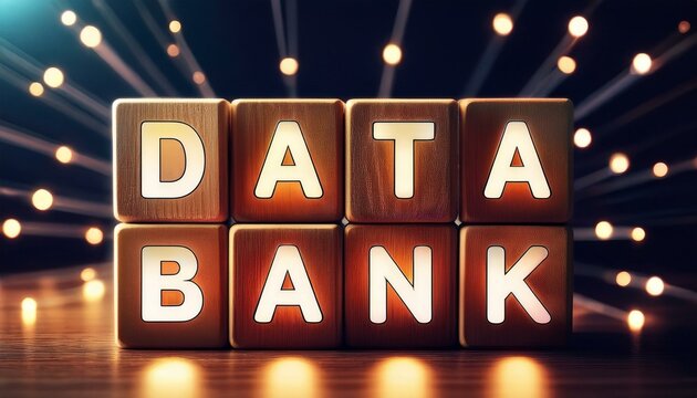 データバンクを意味する英単語のdatabankの文字が書かれた木製のキューブブロックがライトアップされている。aiで生成	
