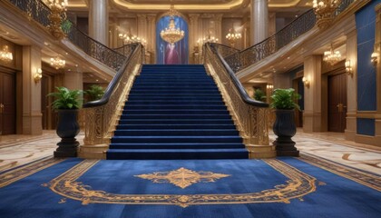 Grand staircase with blue carpet leading up to luxurious casino lobby , upscale, ornate