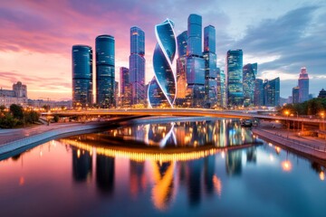 Fototapeta premium A modern cityscape at night, greatly illuminated by glowing skyscrapers and vibrant lights, symbolizing progress and innovation