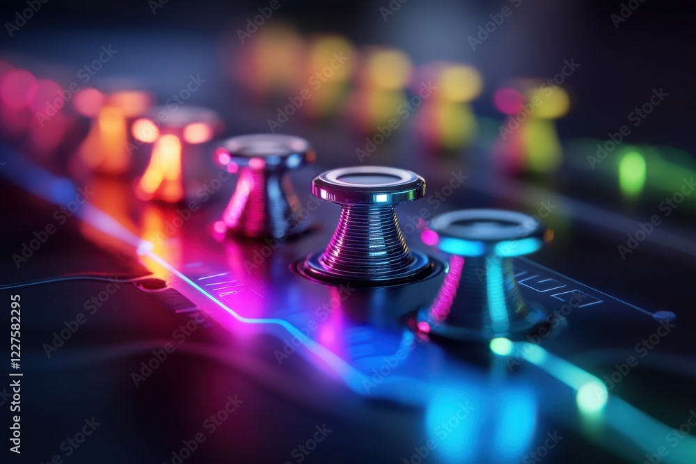 Poster a close-up view of colorful illuminated knobs on a control panel, showcasing a vibrant array of ligh