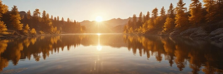 Fototapeta premium Golden sun rising over a peaceful lake with amber-colored water , warm, amber, water