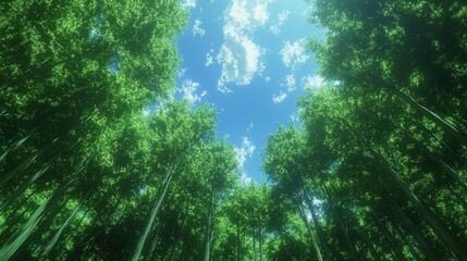Serene Bamboo Forest Under Vibrant Blue Sky with Fluffy Clouds
