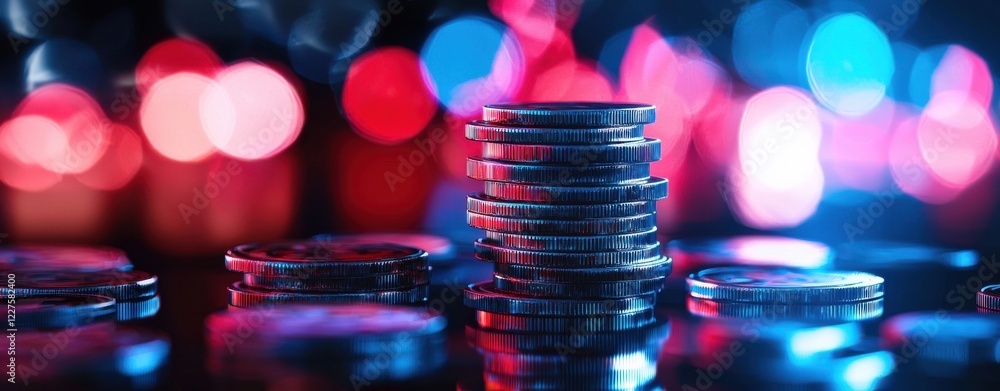 Poster a stack of coins gleams in a colorful, blurred background, creating a vibrant and dynamic atmosphere