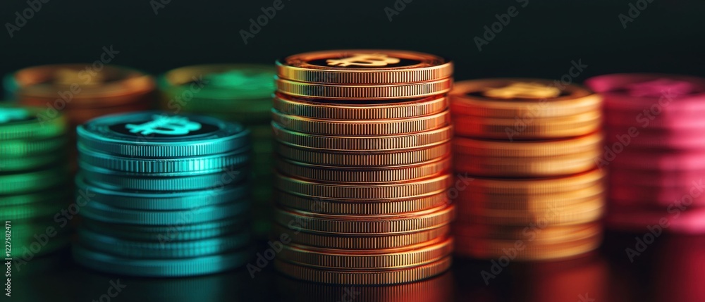 Poster a close-up view of stacked colorful coins in various shades, creating a visually striking compositio