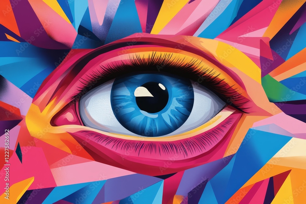 Poster vividly colorful eye artwork featuring intricate geometric patterns in a vibrant array of hues