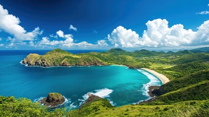 Naklejka premium Scenic Tropical Cove Beach and Lush Green Hills