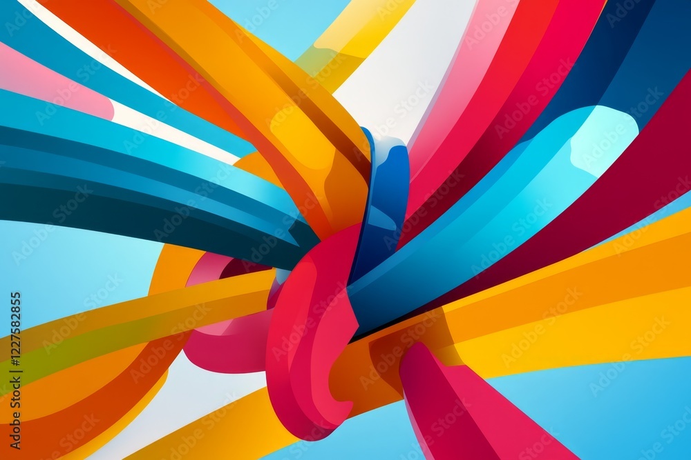 Poster vibrant intertwining ribbons create a colorful abstract design against a bright background