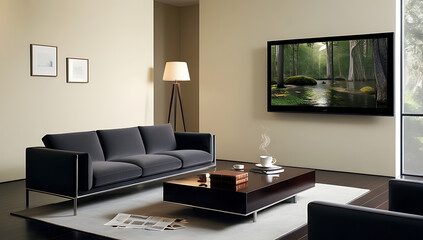 Modern minimalist apartment interior living room, luxury living room featuring a dark sofa, Scandinavian Style Living Room, created with generative ai 