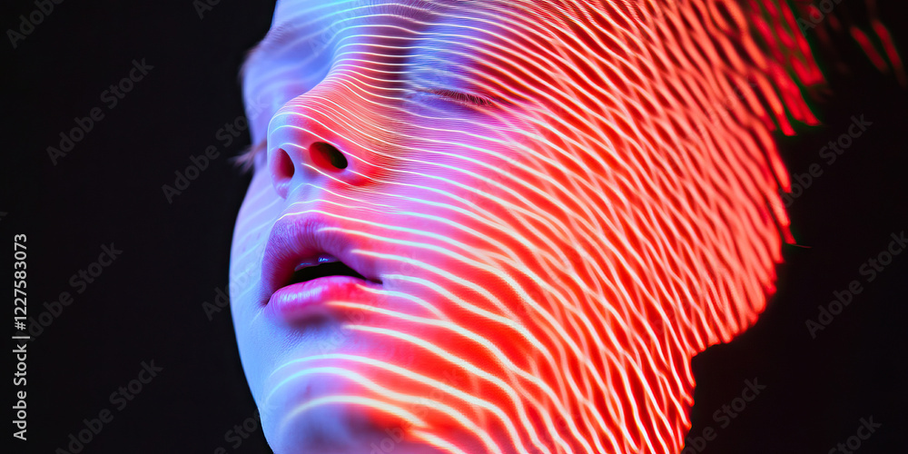Poster human face with projected linear light pattern