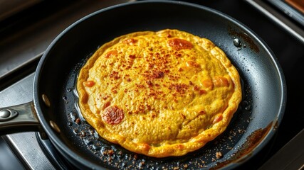 Golden brown millet dosa sizzling on a hot skillet with a sprinkle of spices, millet dosa, spices