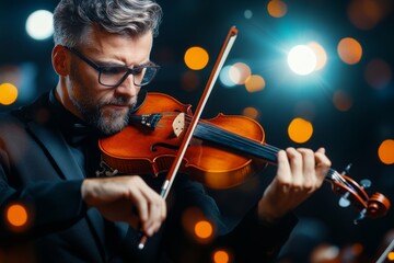 A musician fluently playing a violin, their hands moving gracefully as the strings vibrate under soft stage lighting