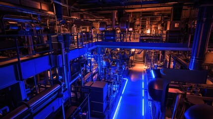 Fototapeta premium Intricate Industrial Interior: A Symphony of Blue Light and Steel