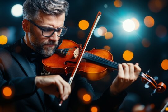 A musician fluently playing a violin, their hands moving gracefully as the strings vibrate under soft stage lighting
