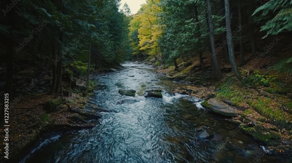 Poster a river running through a forest filled with trees