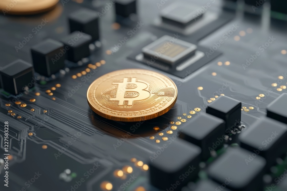 Poster bitcoin coin on a circuit board showcasing the integration of cryptocurrency and technology in digit