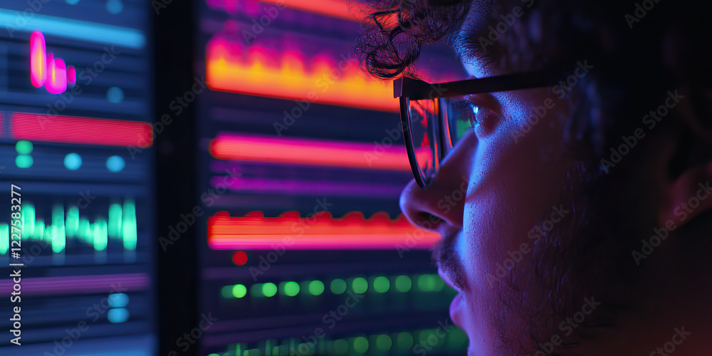 Aufkleber person viewing data on multicolored computer screens