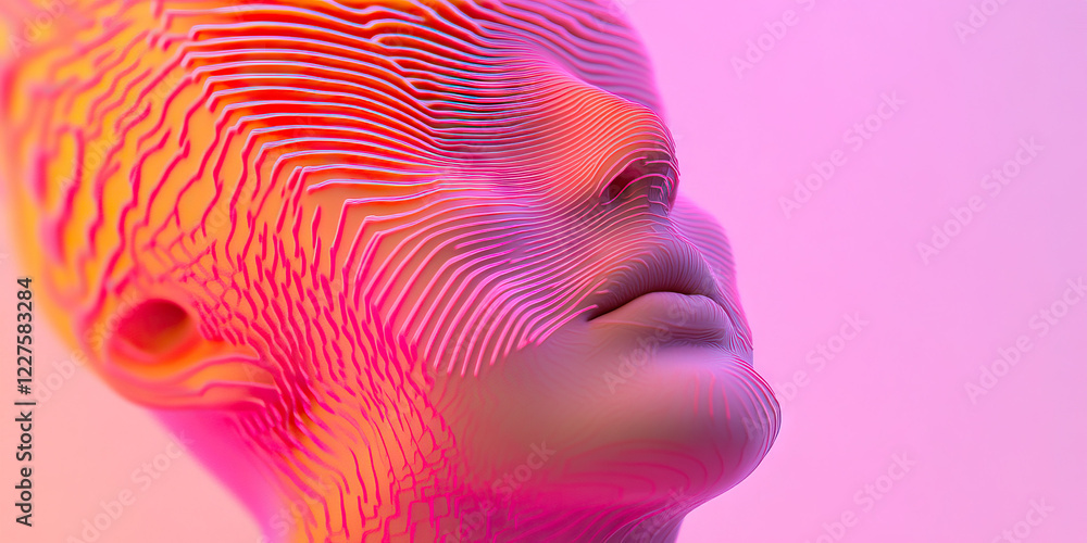 Poster digital rendering of a layered face sculpture