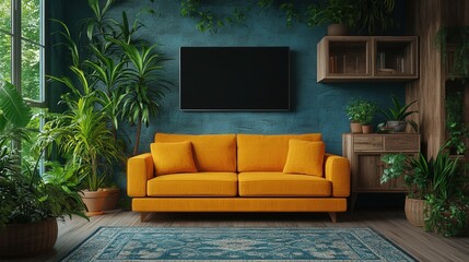 Modern Apartment Living Room with Orange Sofa and Lush Green Plants in a Cozy Atmosphere