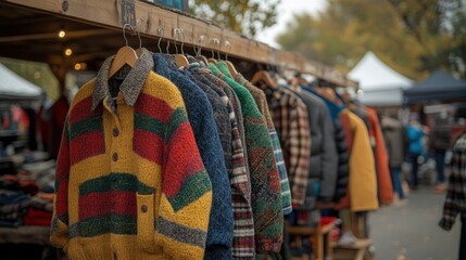Colorful Knit Sweaters Displayed on Wooden Hangers at Outdoor Market in Autumn Setting