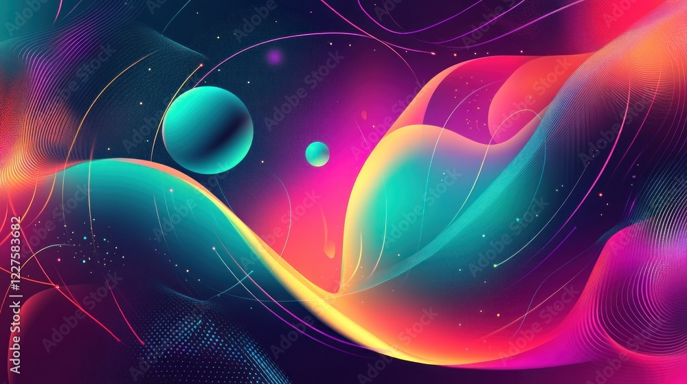 Poster dynamic colorful holographic background with vibrant neon waves and floating spheres in space