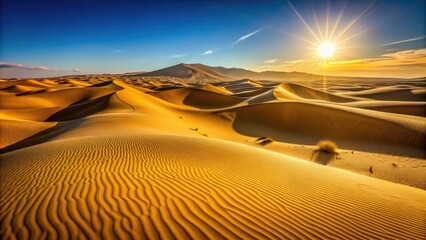 Naklejka premium Glittering golden sand dunes stretching across a vast desert landscape, sandy, expansive, open, landscape