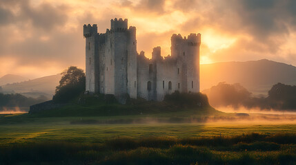 Obraz premium A stunning photography of an ancient stone castle surrounded by lush Irish countryside, with soft sunlight breaking through clouds, creating an ethereal and timeless atmosphere.