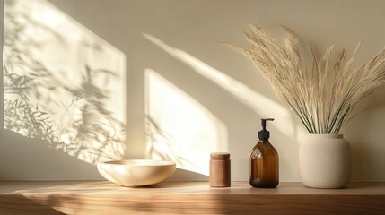 Minimalist Display of Leather Products with Decorative Elements in Soft Natural Lighting