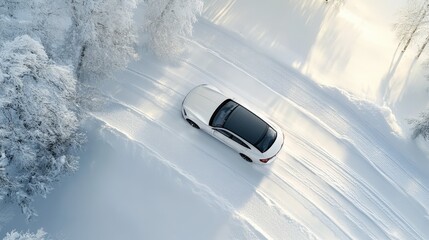 Car navigating snowy terrain with fresh snow covering the ground and trees, showcasing winter driving challenges and safety tips for drivers in cold weather.