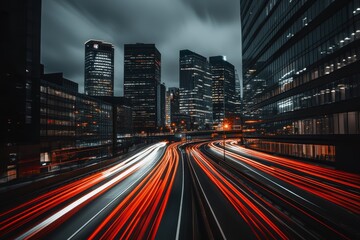 A city street at night with a lot of traffic and tall buildings