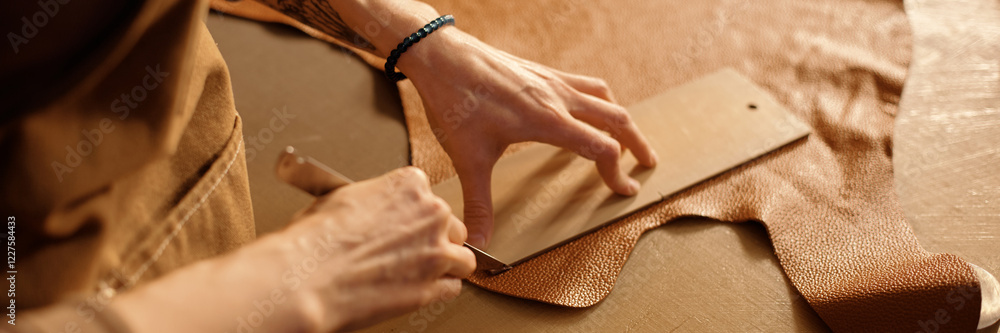 Poster close-up of hands cutting leather with precise technique in workshop creating handmade items display