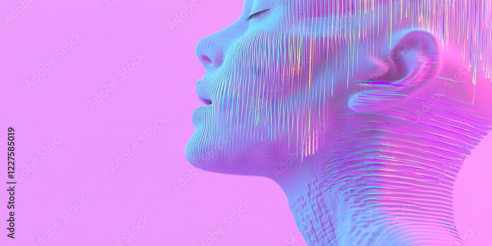 Poster digital rendering of a woman's face in profile with iridescent texture