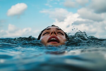 A woman is swimming in the ocean with her head above the water