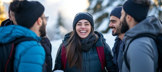 Obraz premium Cheerful Friends Enjoy Winter Adventures Sharing Smiles and Camaraderie in Snowy Forest Landscape