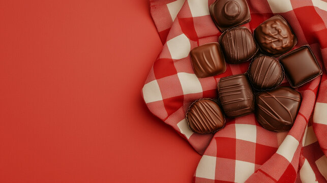 Chocolate truffles and pralines placed on a checkerboard fabric, The vibrant red background.