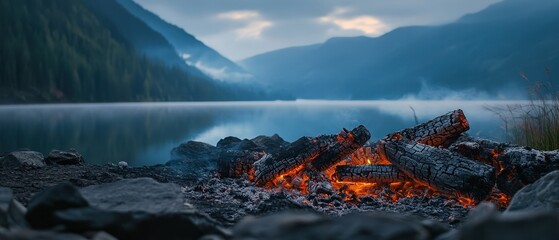 Campfire, glowing embers and tranquil lake at dusk with mountains in the background, highlighting natures beauty and peaceful outdoor experiences. Perfect for relaxation and adventure themes.