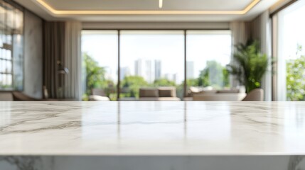 a marble table top with a view of a living room