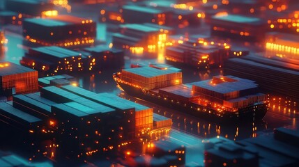 Shipping nodes, glowing global trade network, 3D illustration. 