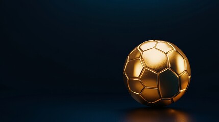 Fototapeta premium Golden Soccer Ball on Dark Background - A gleaming gold soccer ball rests on a deep blue surface, creating a dramatic and luxurious image perfect for sports-related projects.