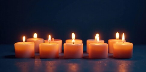 Flickering nine church wax candles on a dark blue background softly illuminate the space, candles, darkness
