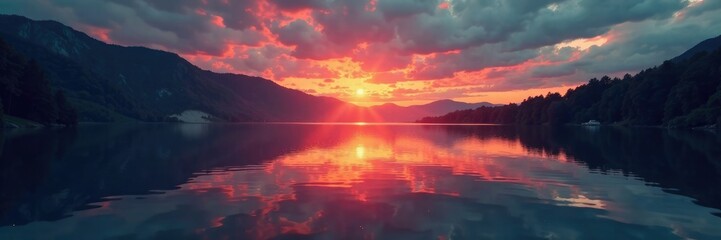 Flickering flame reflected on the surface of a calm lake at dusk, glowing, peaceful
