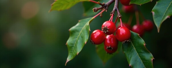 Fototapeta premium Deep red holly berries hanging from a bare branch, Greenery, Red Color, Seasonal