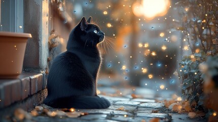 Black cat autumn sunset garden magic