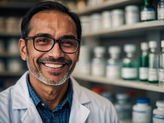Obraz premium Smiling Male Scientist in Laboratory Coat Conducting Pharmaceutical Research in Modern Healthcare Environment