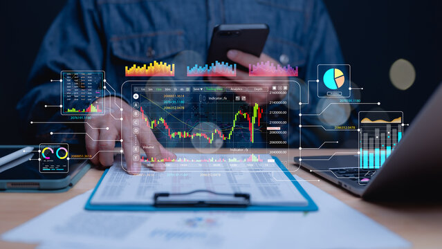 Market Analysis and Trading Insights, Trader analyzes graphs and data on digital devices, modern financial technology for market evaluation and decision-making in dynamic environment